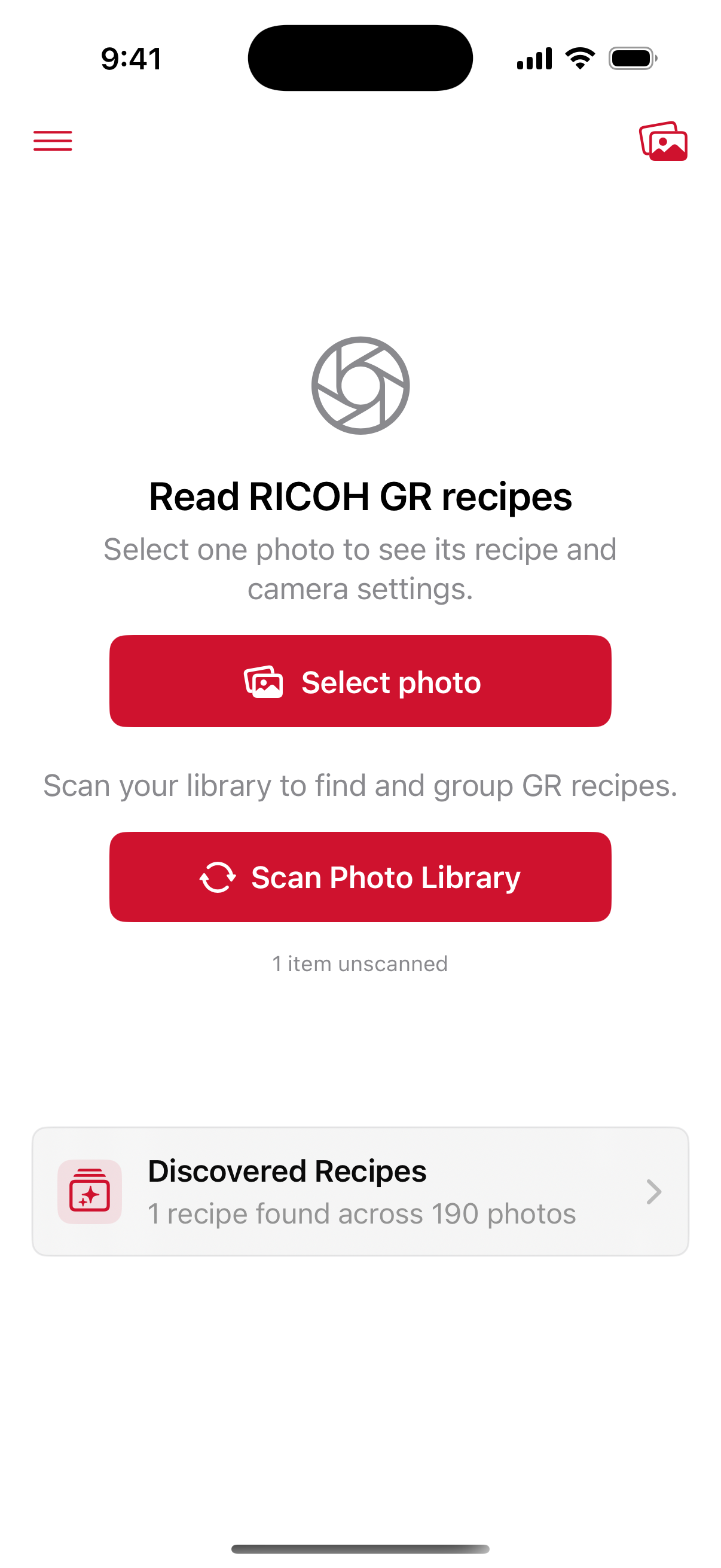 GR Recipe Reveal home screen showing photo selection, library scanning, and discovered recipes