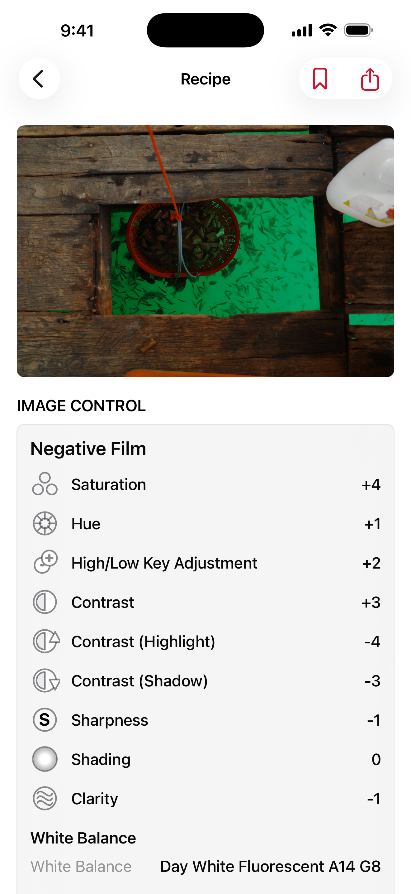 GR Recipe Reveal recipe viewer showing a colorful fish-tank photo with its Negative Film recipe